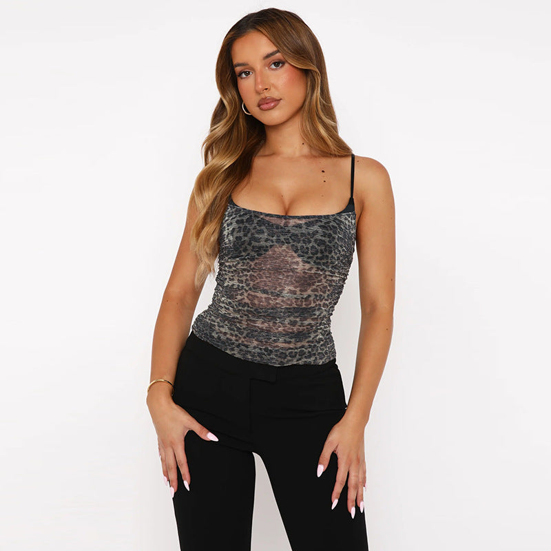 Damen sportliches Spitze Top mit Leopardenmuster EB