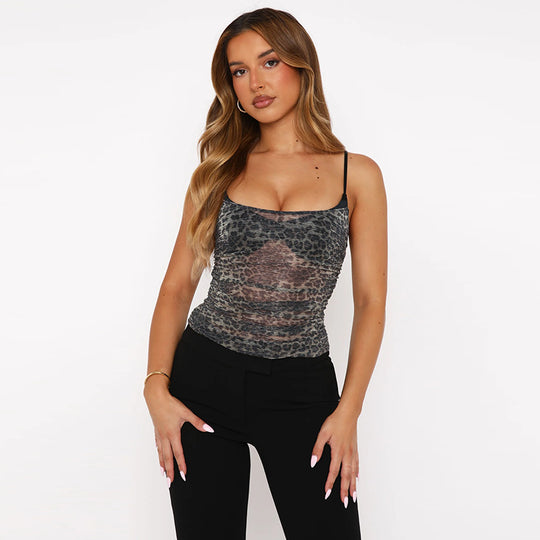 Damen sportliches Spitze Top mit Leopardenmuster EB