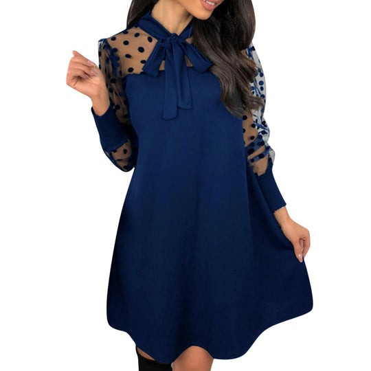 Damen Chiffonkleid mit eleganter Schleife und gepunktetem Design EB