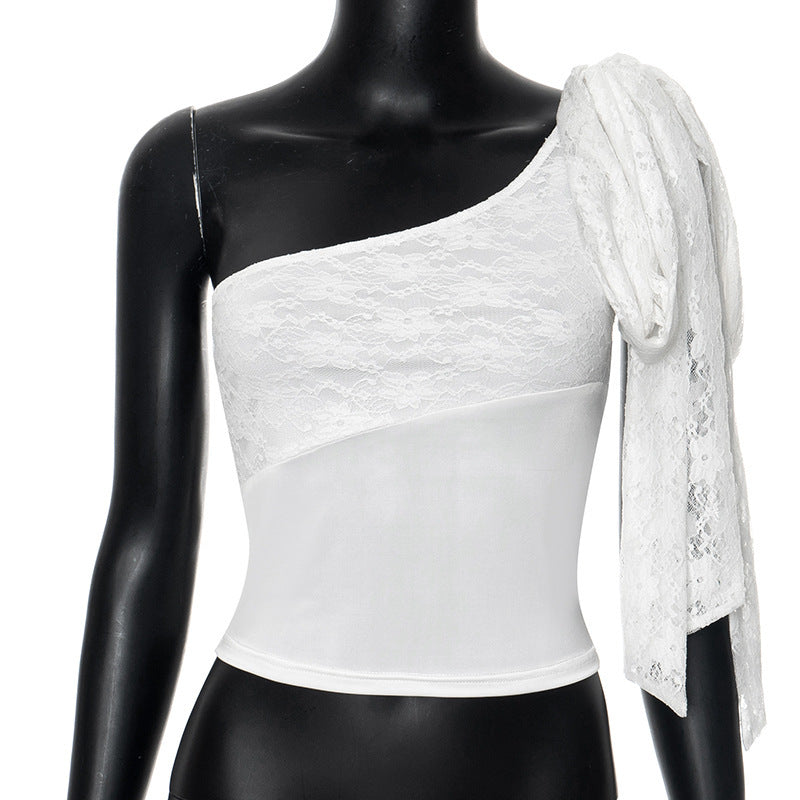 Damen Elegante und raffinierte Spitze One-Shoulder Bluse EB