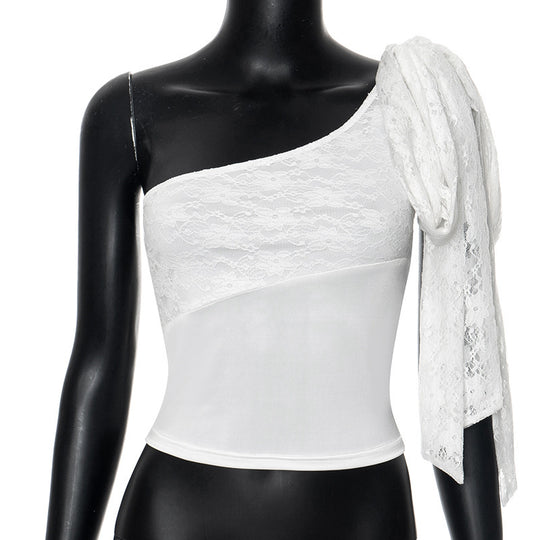 Damen Elegante und raffinierte Spitze One-Shoulder Bluse EB