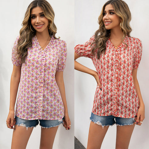 Damen Bluse mit Rüschendetails und floralem Muster EB