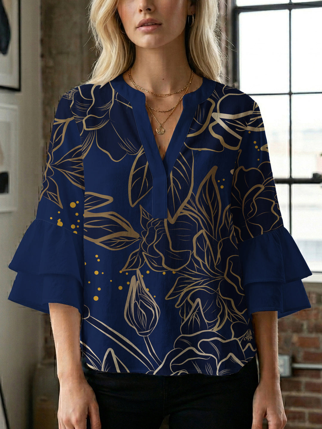 Damen Bluse mit voluminösen Rüschenärmeln und floralem Druck EB