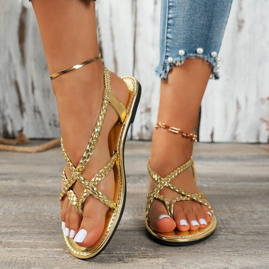 Damen elegante geflochtene Riemensandalen mit trendigem Metallic-Finish EB