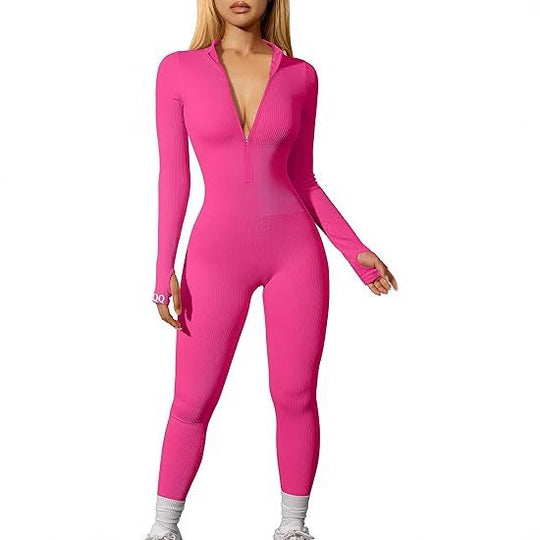 Damen nan figurbetonter Ripp-Jumpsuit mit hohem Halsausschnitt, langem Arm und sculptender Nahtführung EB