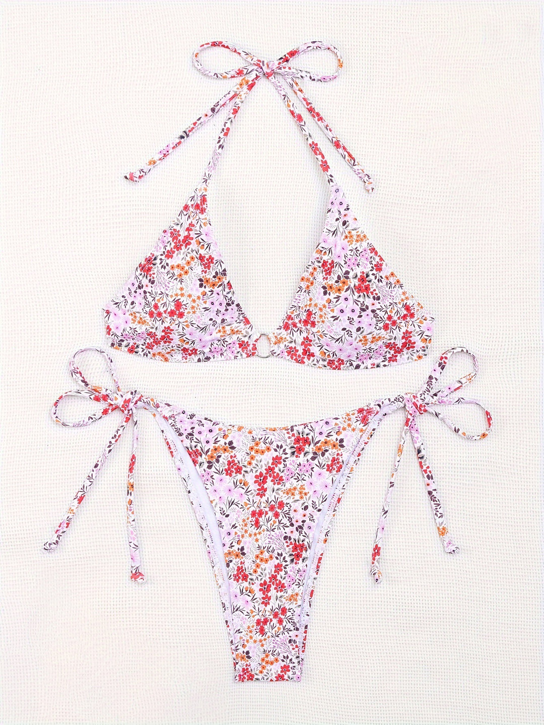 Damen Triangel-Bikini mit floralem Muster und verstellbaren Bindebändern EB