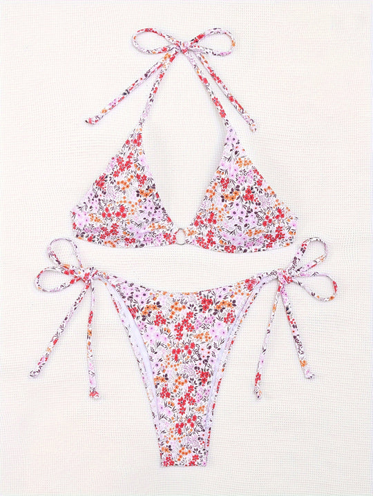 Damen Triangel-Bikini mit floralem Muster und verstellbaren Bindebändern EB