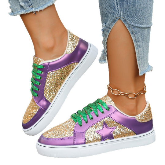 Damen modische Plateausneaker mit Glitzerpanelen, Sternapplikation und gepolsterter Komfortsohle EB