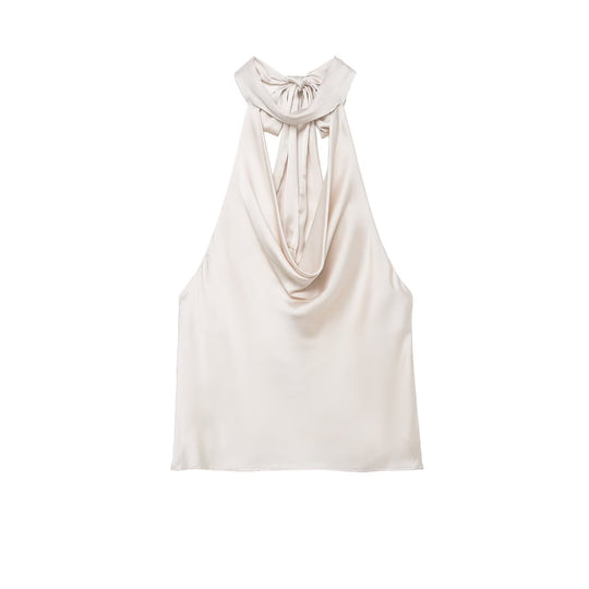 Damen elegantes Haltertop aus fließendem Satin mit dekorativem Rückenausschnitt EB