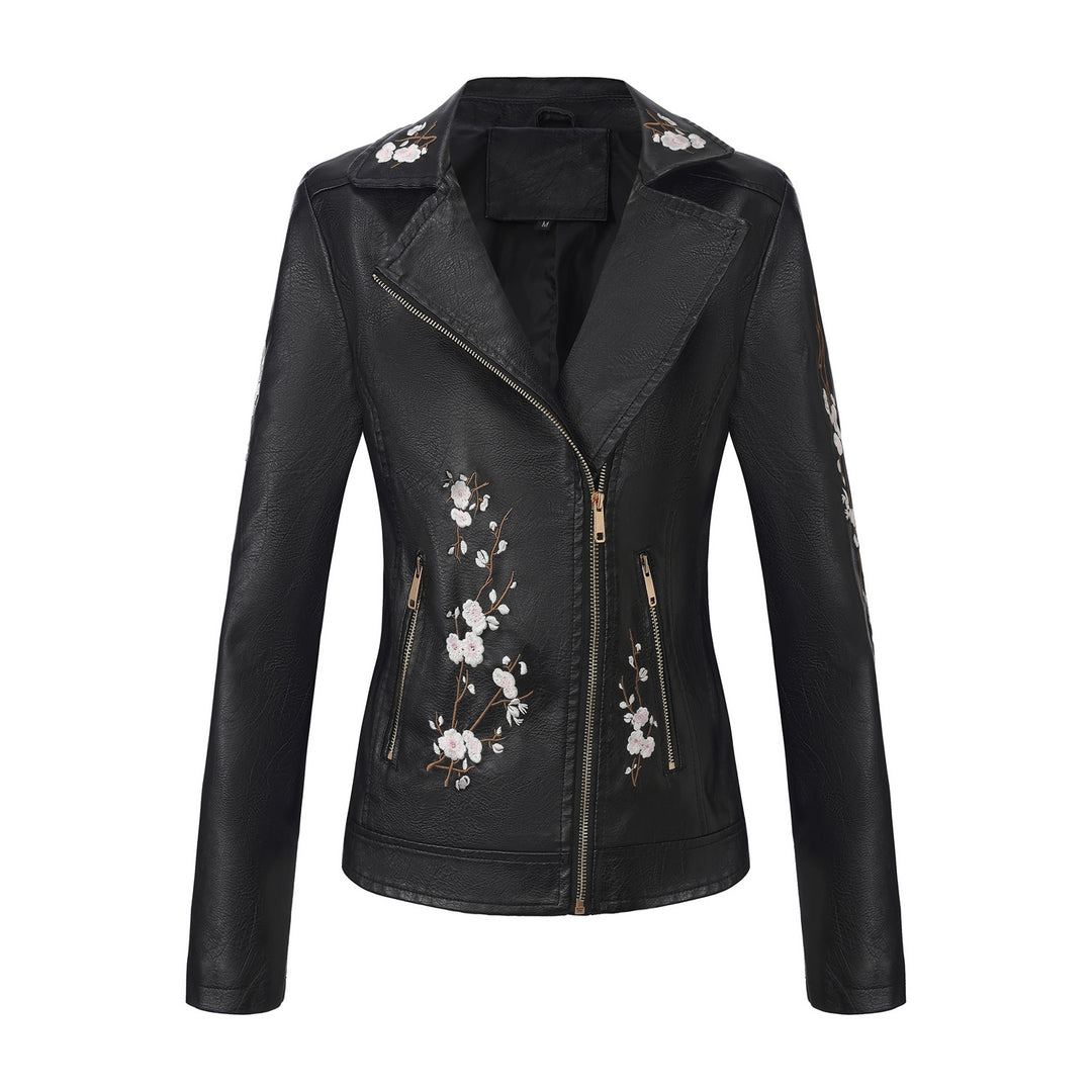 Damen modische Bikerjacke mit floralem Stickmuster EB