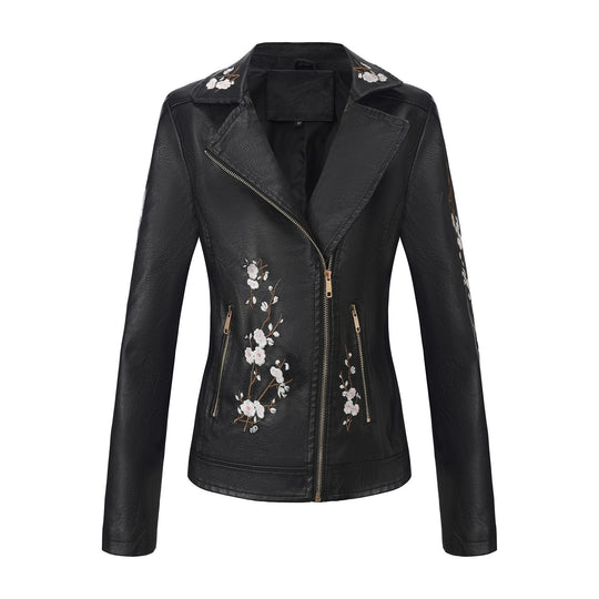 Damen modische Bikerjacke mit floralem Stickmuster EB