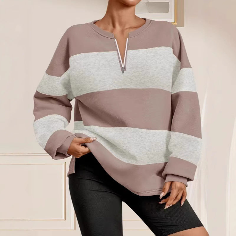 Damen Langarm Sweatshirt mit modernem Reißverschluss und gestreiftem Design EB