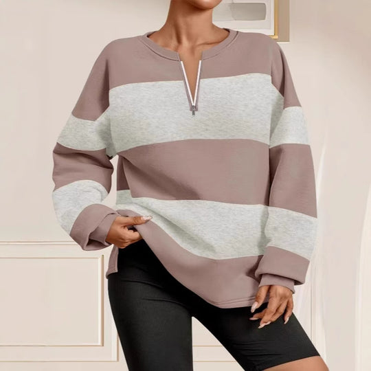 Damen Langarm Sweatshirt mit modernem Reißverschluss und gestreiftem Design EB