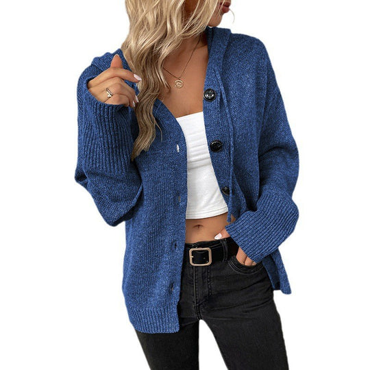 Damen Strickjacke mit Kapuze und Knöpfen EB