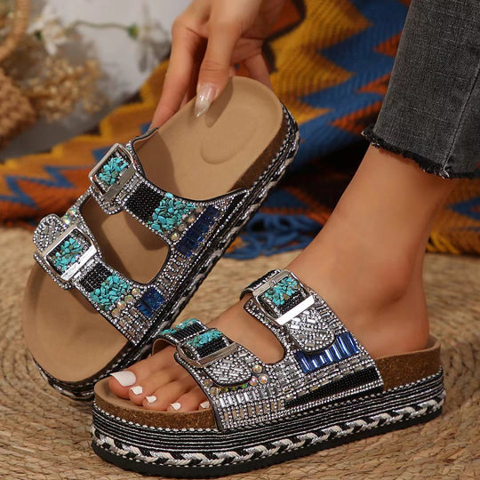 Damen bequeme Sandalen mit dekorativen Steinen und breiten Riemen EB