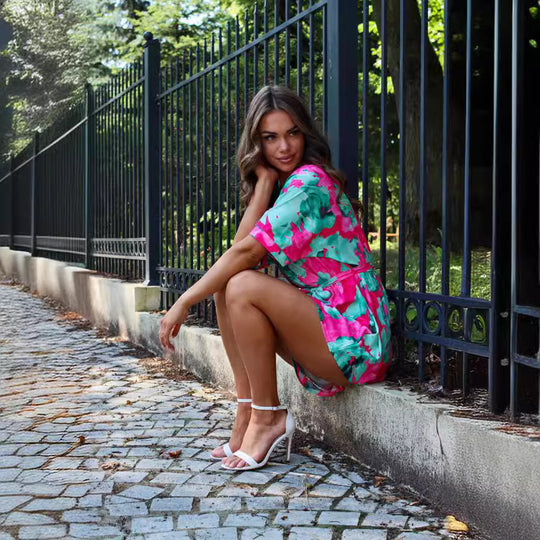 Damen lässiges Strandkleid mit Taillengürtel und floralem Muster EB