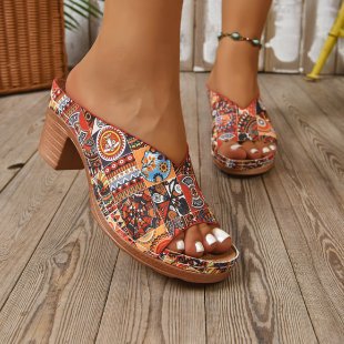Damen Plateau-Pantoletten mit buntem, bohemian-inspiriertem Design EB