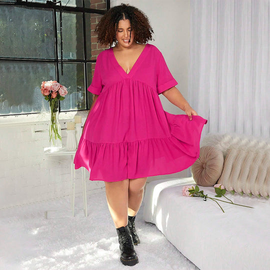 Damen lässiges Sommerkleid mit V-Ausschnitt und schwingendem Saum EB