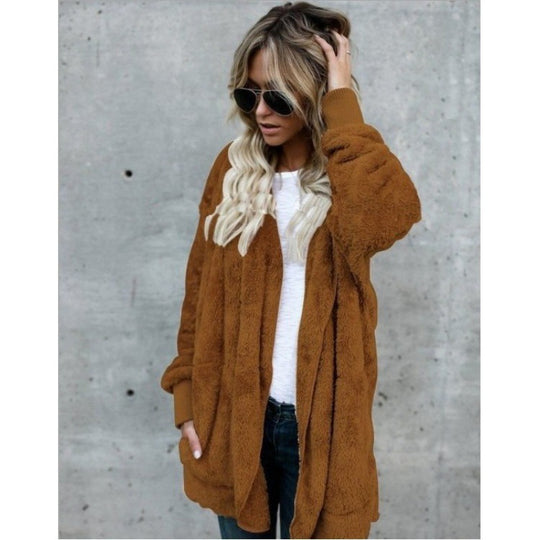 Damen Kuschelige Teddy‑Fleece‑Cardigan mit Kapuze, Oversize‑Schnitt und aufgesetzten Taschen EB