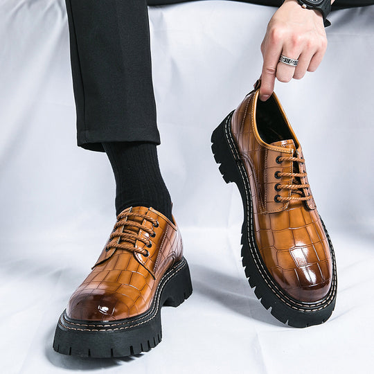 Damen Chunky Derby‑Schnürschuh mit Krokoprägung, lackiertem Kunstleder und profilierter Plateau‑Sohle EB
