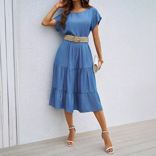 Damen Midikleid mit voluminösem Rock und eleganten Rüschendetails EB