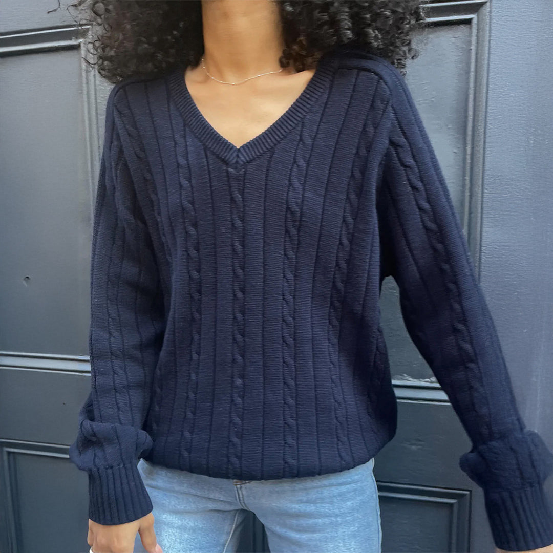 Damen nan feiner Strukturstrick-Pullover mit V‑Neck, Zopfmuster und geripptem Saum EB