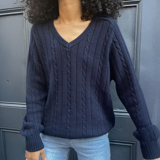 Damen nan feiner Strukturstrick-Pullover mit V‑Neck, Zopfmuster und geripptem Saum EB