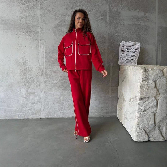 Damen sportliches Fleece-Set mit modischen Kontrasten und praktischen Taschen EB