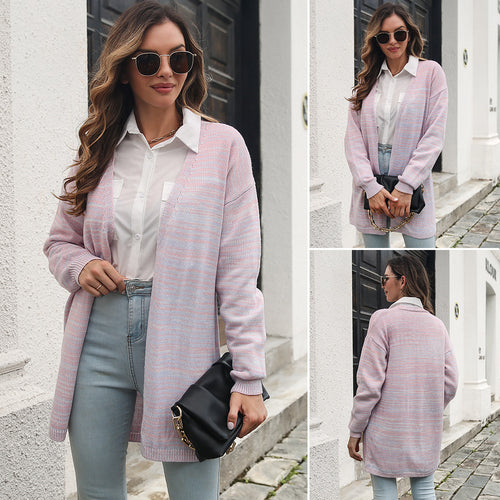 Damen lockere Strickjacke mit modischem Streifenmuster EB