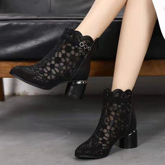 Damen elegante Ankle-Boots mit transparentem Blumendesign und komfortablem Blockabsatz EB