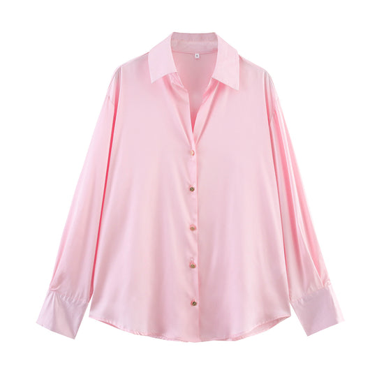 Damen nan oversized Satinbluse mit Hemdkragen, verlängerten Manschetten und abgerundetem Saum EB