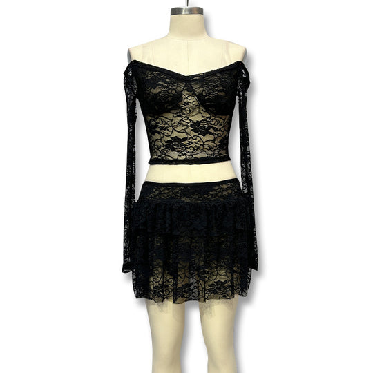 Damen Verspieltes Spitzenkleid mit transparenten Ärmeln und gestuftem Rock EB