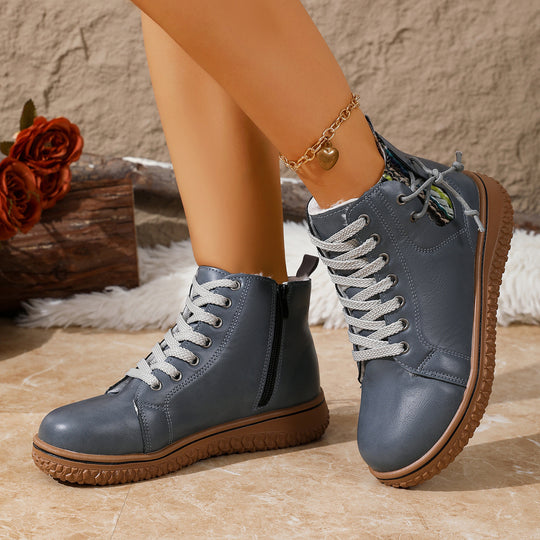 Damen gefütterte Schnürstiefelette mit Teddyfutter, seitlichem Reißverschluss und profilierter Gummisohle EB