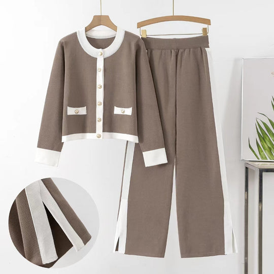 Damen Strick-Loungewear-Set mit dekorativen Knöpfen und seitlichem Schlitz EB