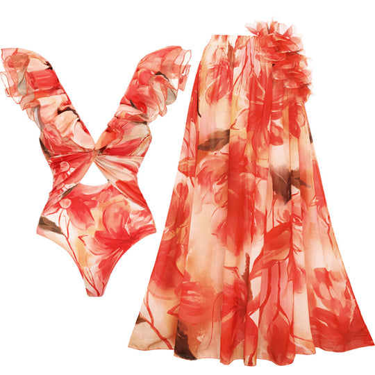 Damen Einteiler Badeanzug mit floralen Rüschendetails EB