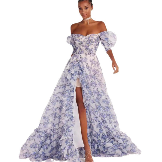 Damen Festliches Maxikleid mit schulterfreiem Design und floralen Rüschendetails EB