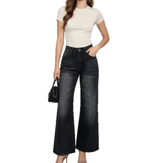 Damen nan High‑Waist Flared-Jeans mit weitem Bein, taillierender Bundnaht und dezenter Used-Struktur EB