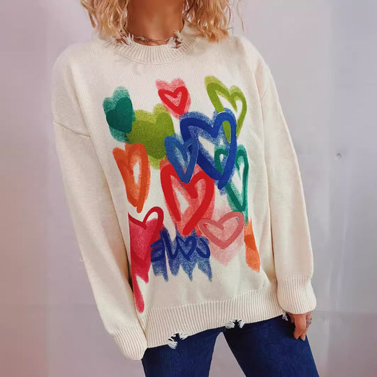 Damen Freizeitpullover mit buntem Herzmotiv und lässigem Schnitt EB