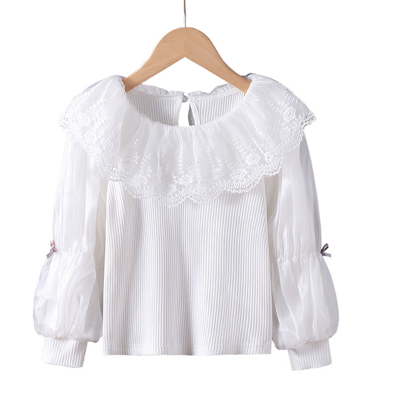 Damen elegante Bluse mit romantischem Spitzenkragen und Rüschendetails EB
