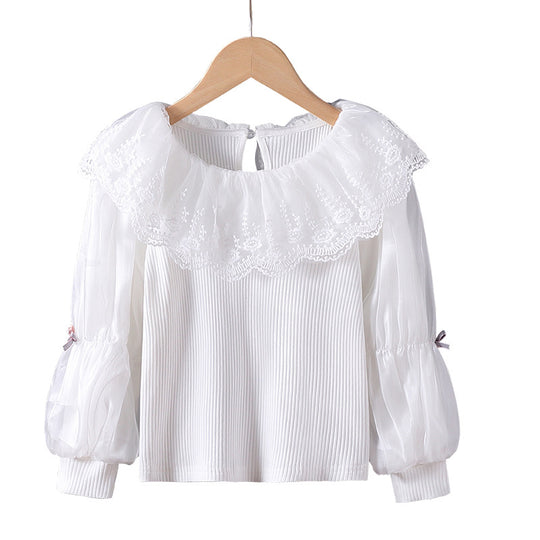 Damen elegante Bluse mit romantischem Spitzenkragen und Rüschendetails EB