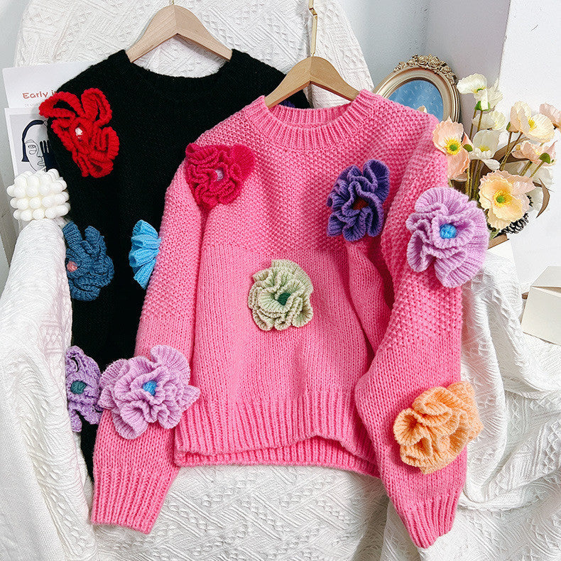 Damen Verspielter Strickpullover mit Blumenapplikationen EB