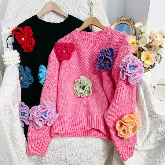 Damen Verspielter Strickpullover mit Blumenapplikationen EB