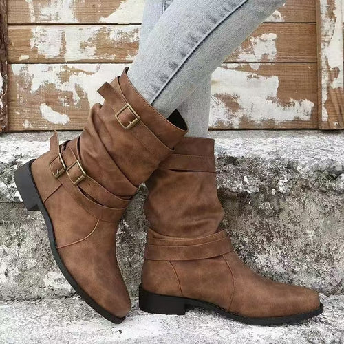 Damen nan lässiger mittlerer Schaftstiefel mit weichem Slouch-Effekt, dekorativen Schnallenriemen und robustem Blockabsatz EB