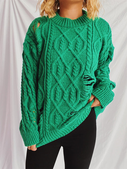 Damen Grobstrickpullover mit einzigartigem Zopfmuster und ausgefransten Details EB
