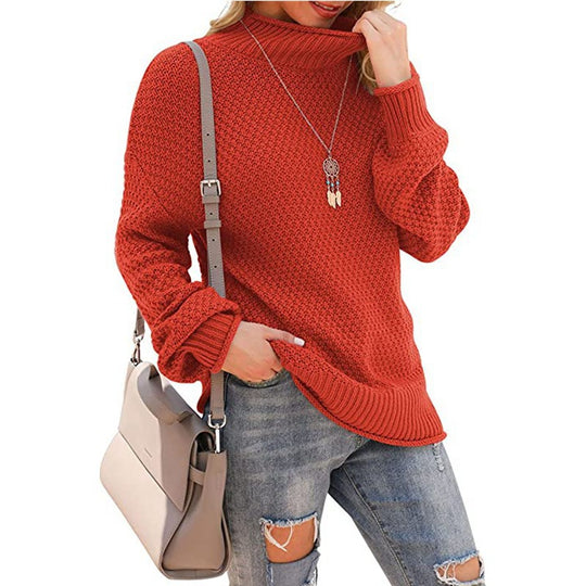 Damen Grobstrickpullover mit hohem Kragen und bequemen Ärmeln EB