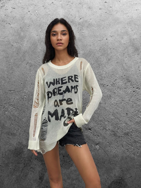 Damen Oversized Pullover mit kreativen Schriftzügen und raffinierten Details EB