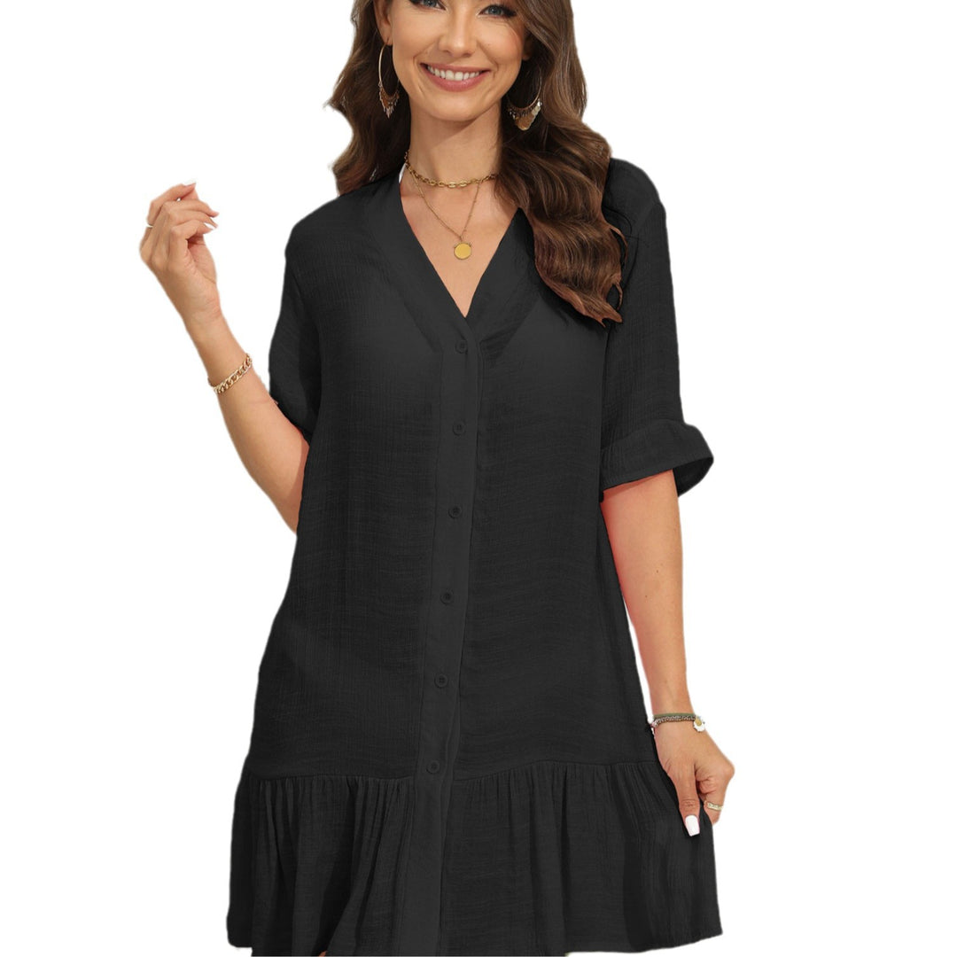 Damen sommerliches Strandkleid mit kurzen Ärmeln und Rüschensaum EB