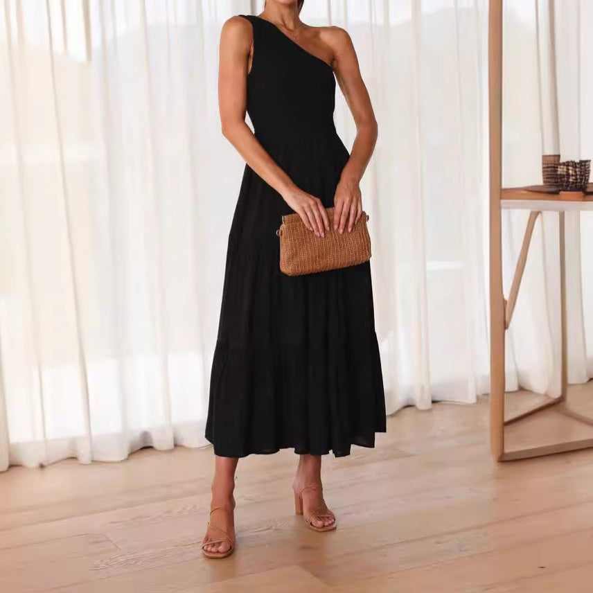 Damen Elegantes One-Shoulder-Maxikleid mit fließendem Rock EB