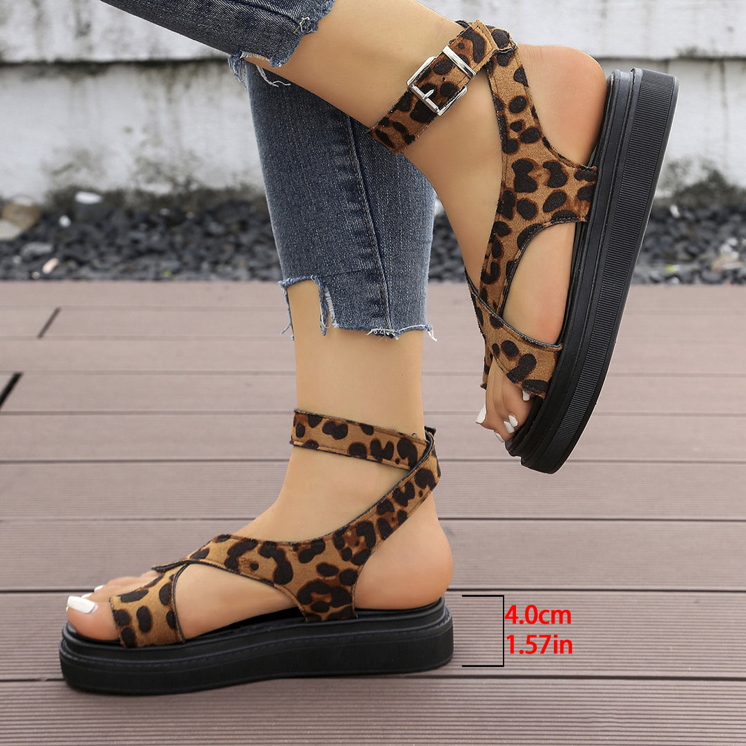 Damen Komfortable Plateau-Sandalen mit modischem Leopardenmuster und verstellbarem Riemendesign EB