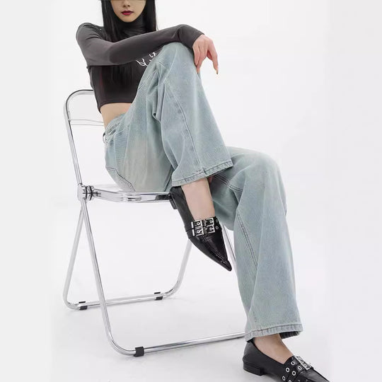 Damen Weit geschnittene Denim-Hose mit lässigem Design und hoher Taille EB